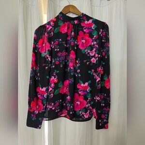​J.Crew Bold Floral High-Neck Blouse - Long Sleeve Mock Neck Pink & Black